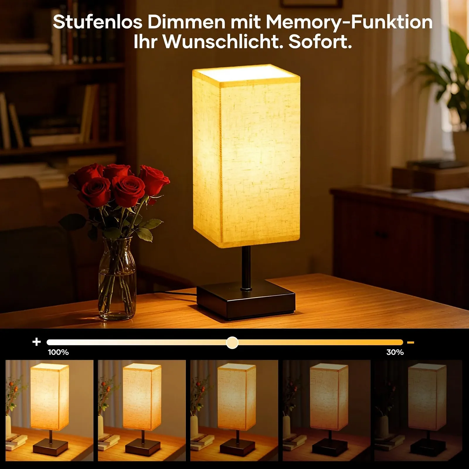 Настільна лампа Suright Bedside Lamp Сенсорна Плавний димер Пам'ять Лляний абажур LED E27 Чорна, фото №3