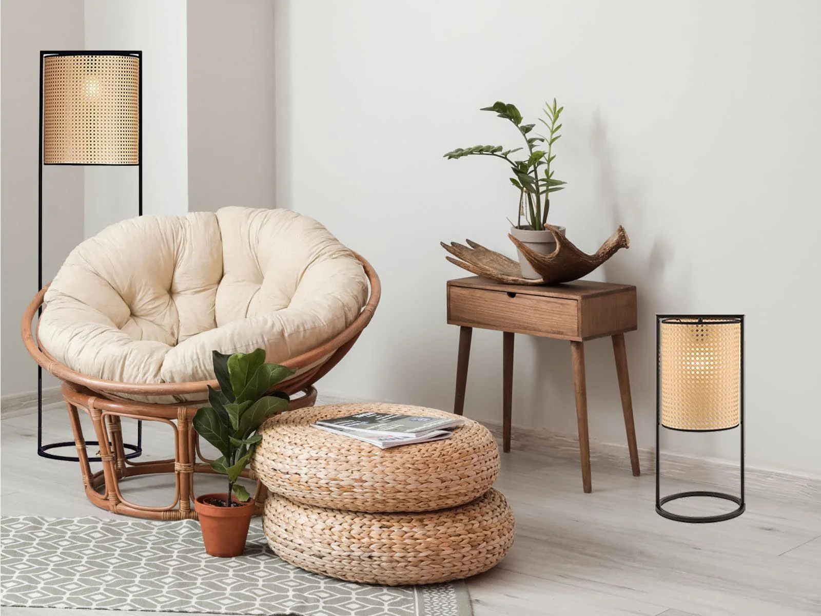 Світлодіодна настільна лампа 56 см з чорною рамою та абажуром під ротанг Чорний, фото №8