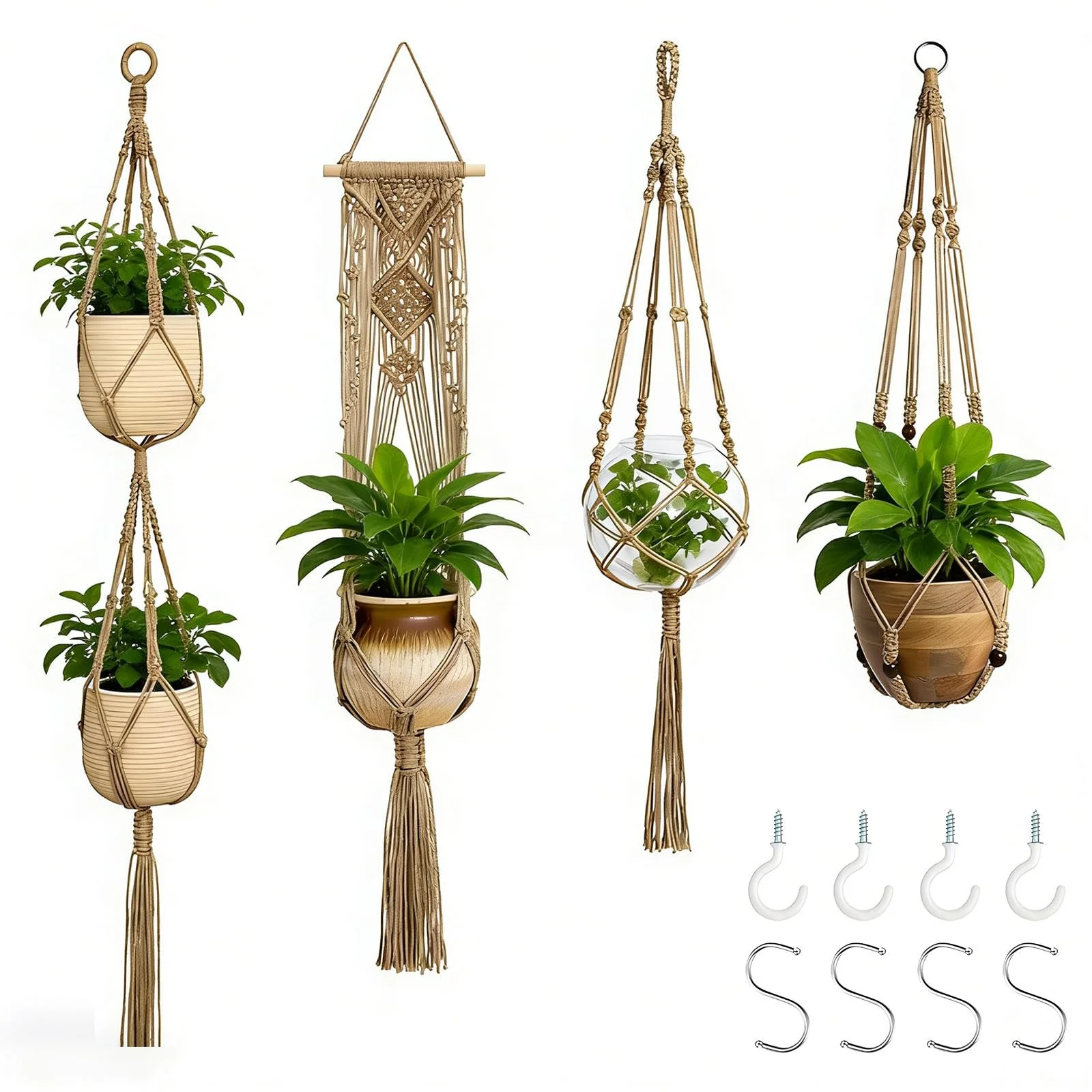 Підвісний кошик для квітів макраме набір 4 шт бохо бавовняна мотузка коричневий, фото №1