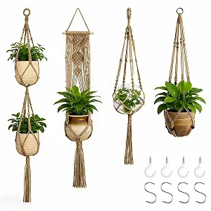 Підвісний кошик для квітів макраме набір 4 шт бохо бавовняна мотузка коричневий - Фото 1