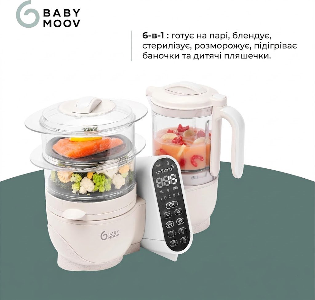 Кухонний комбайн 6-в-1 Babymoov Nutribaby Plus / Пароварка-блендер / 2.2 л / Бежевий, фото №2