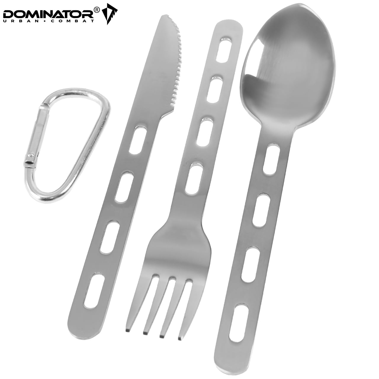 Набор посуды DOMINATOR URBAN COMBAT туристический набор 3 части нож вилка ложка нержавеющая сталь с карабином серебряный, фото №2