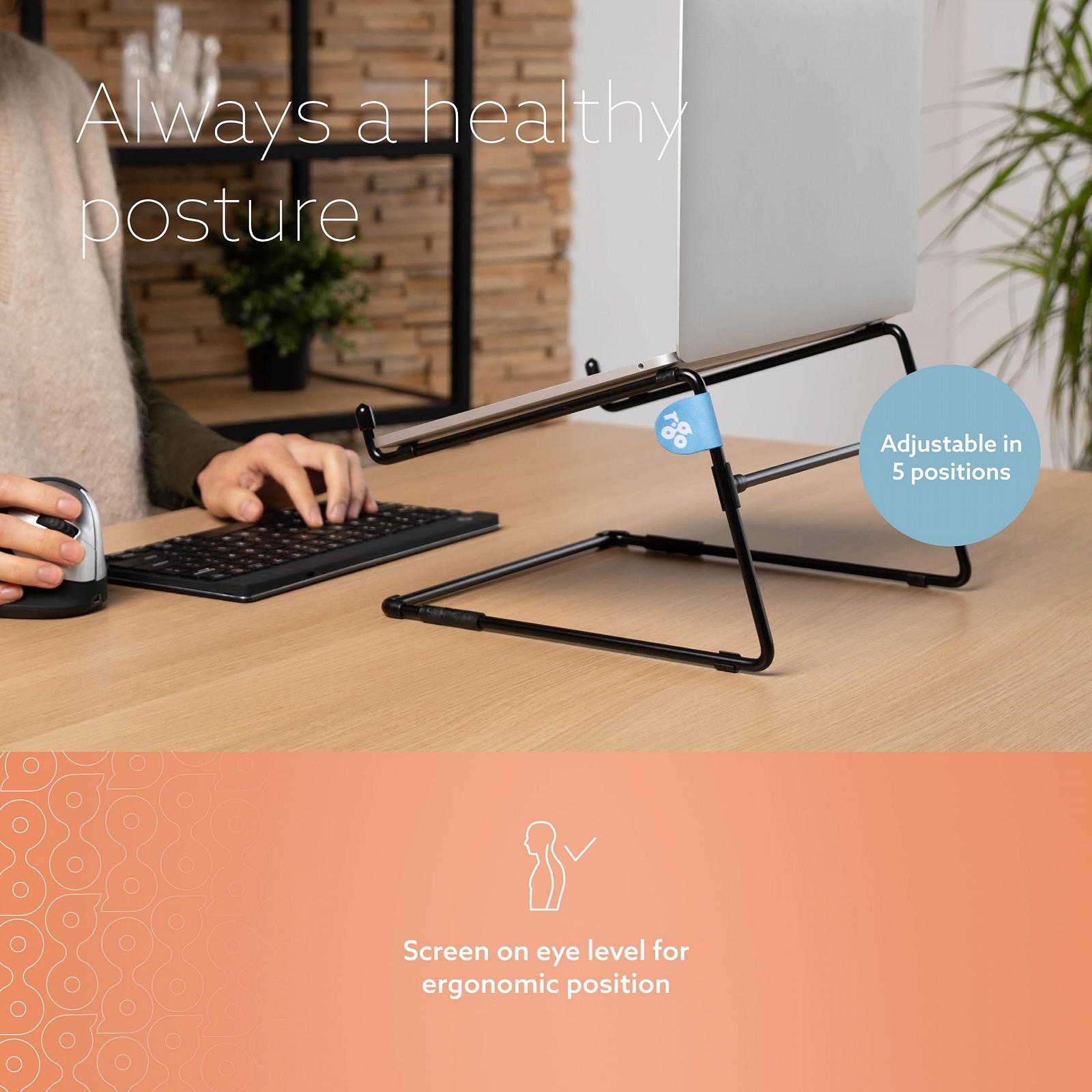 Підставка для ноутбука R-Go Steel Office, ергономічна, сумісна з MacBook Pro/Air, Dell, HP, Samsung, Lenovo від 10 до 22 дюймів, сталь, чорна, фото №2