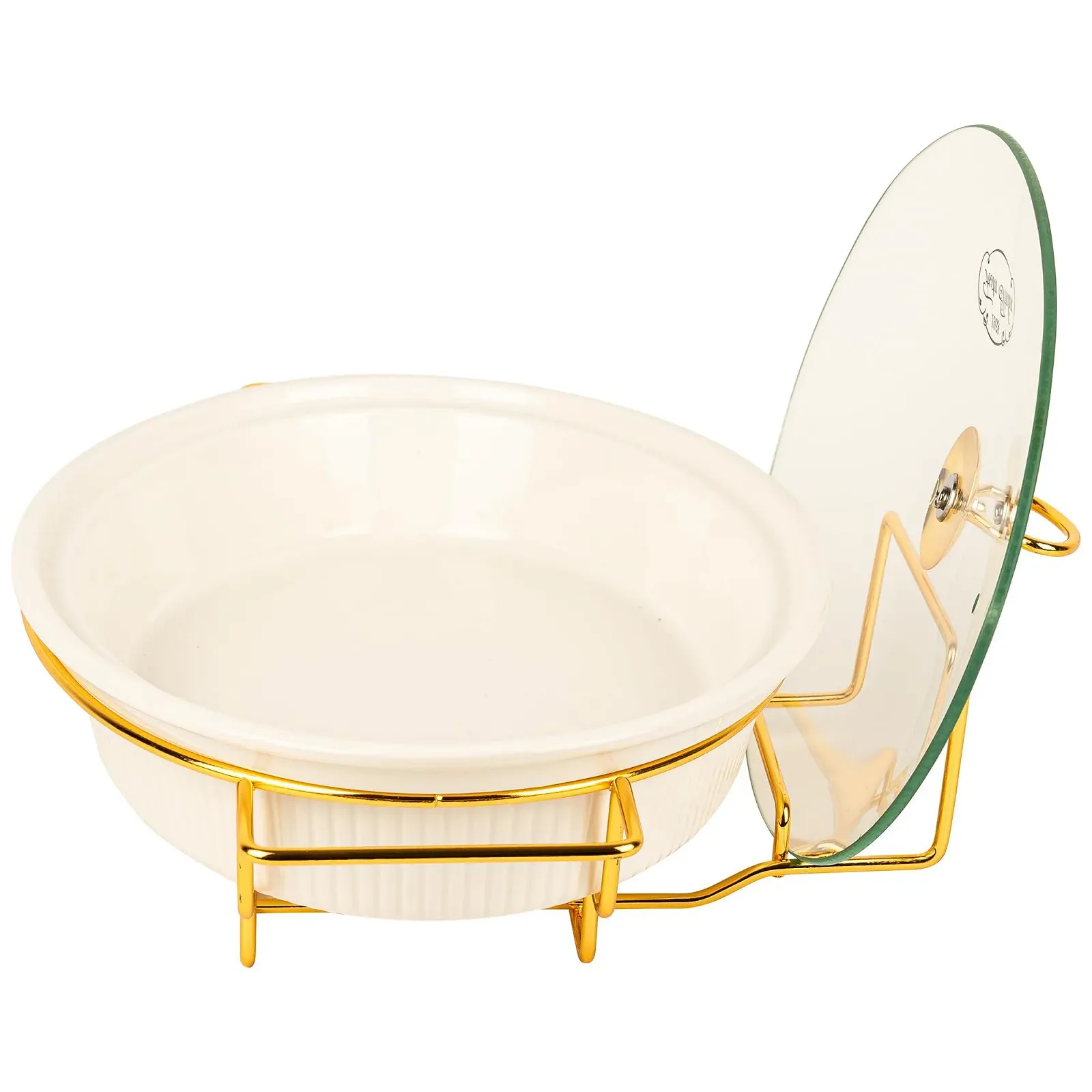 Форма для запекания 2.1 L керамическая овальная с крышкой и подставкой для подогрева белая, фото №8