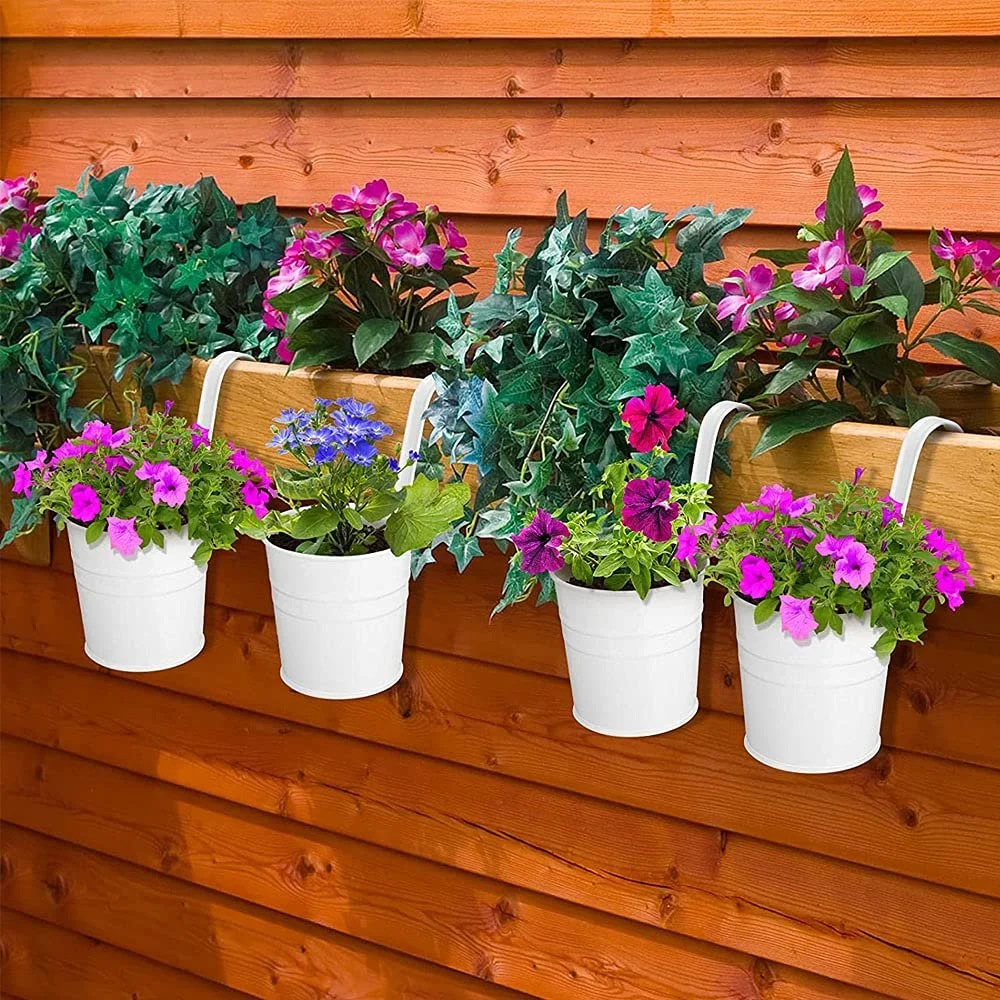 Подвесные цветочные горшки 4 шт. металлические с крючками белые, фото №8