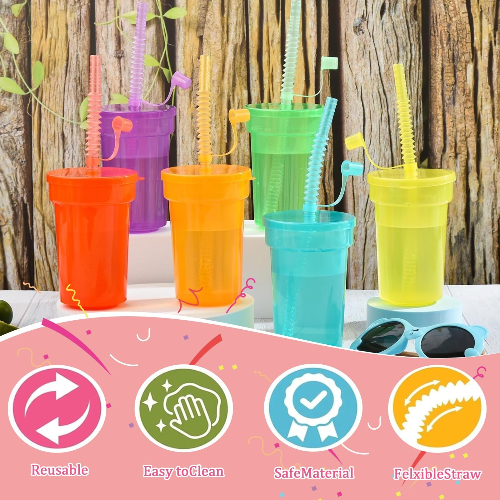 Набор стаканов 12 шт. Стаканчики для вечеринки с крышкой и соломинкой 380 мл Пластиковые стаканчики Многоразовые стаканчики Неоновые стаканчики для кофе со льдом Холодные напитки Смузи, фото №4
