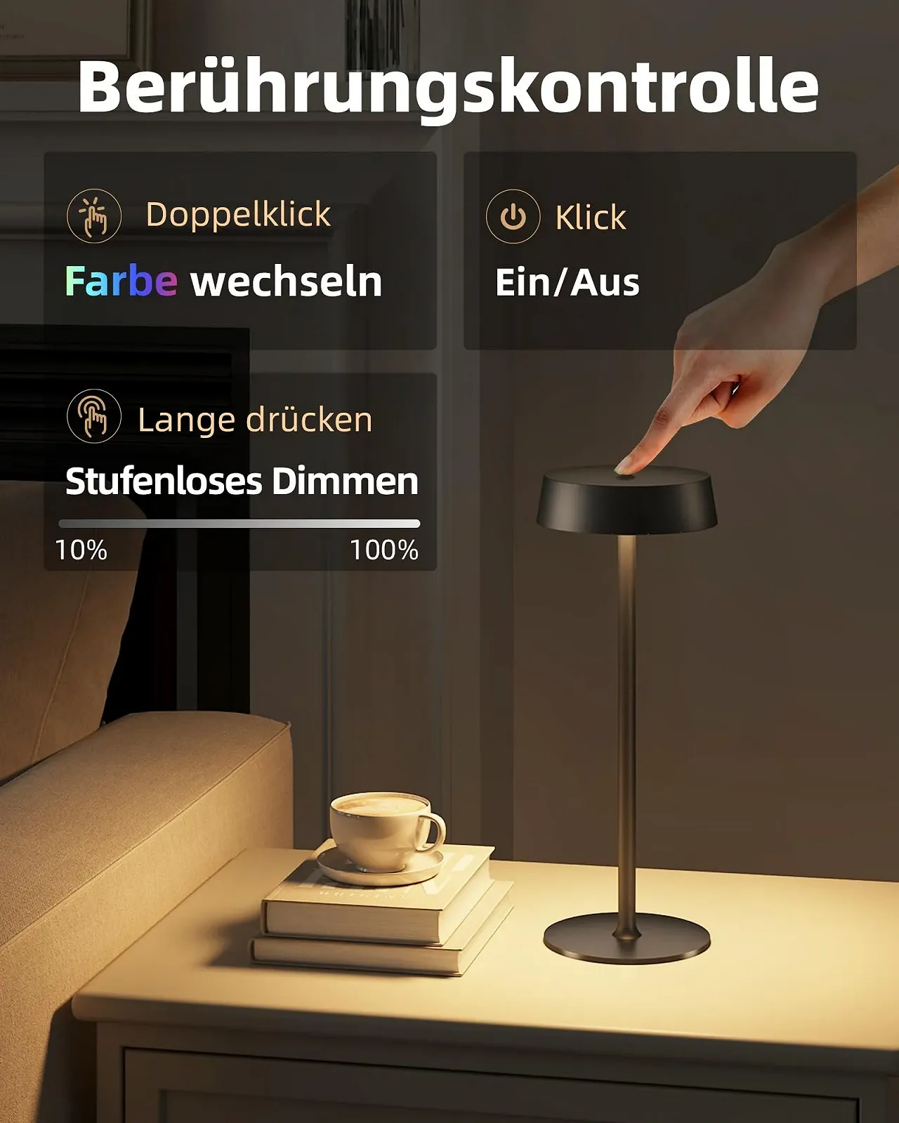 Настільна лампа EZVALO LED Wireless Touch Dimmable IP44 3600 mAh Rechargeable Bedside Lamp, фото №6