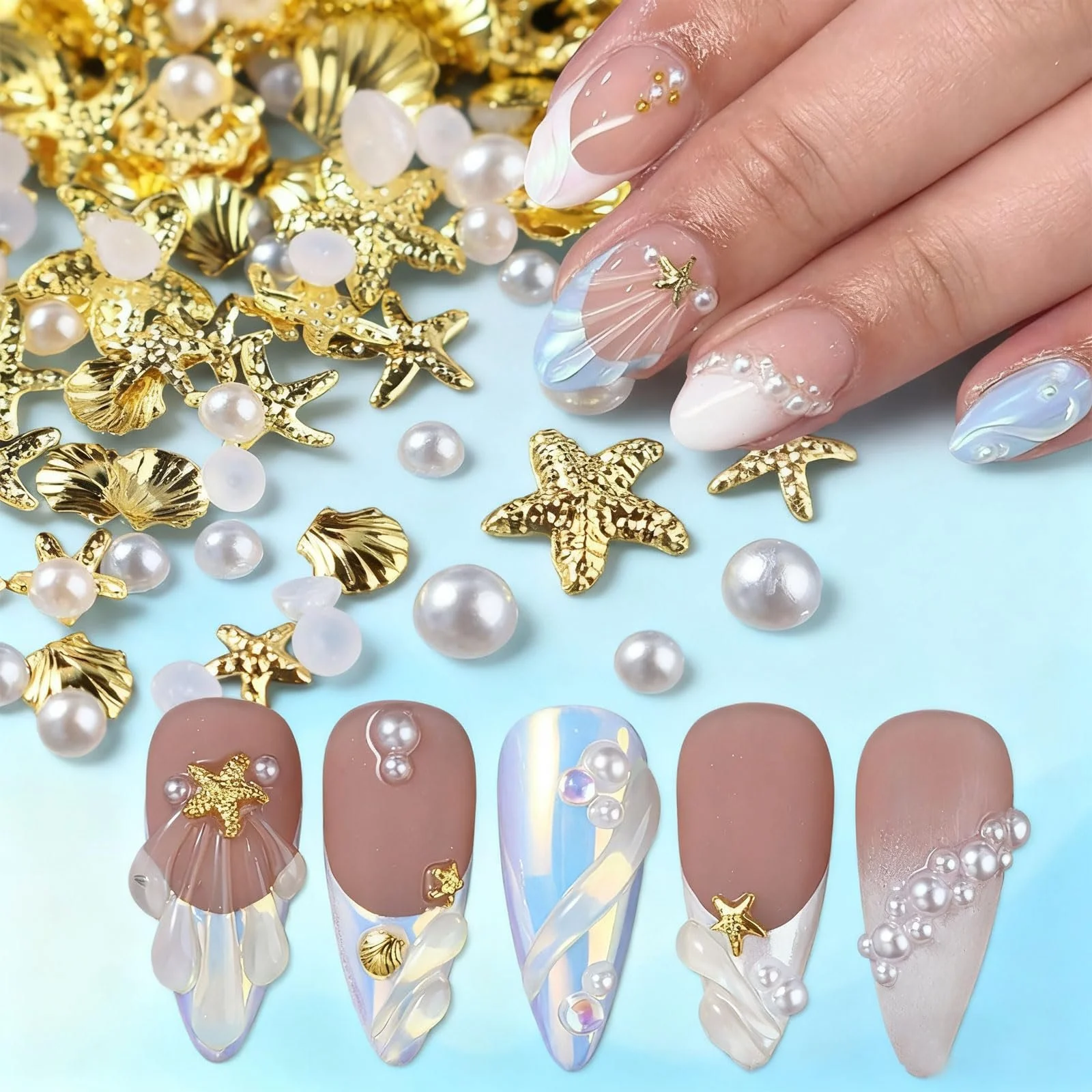 Украшения для ногтей, Золотая морская звезда и ракушки, Набор 200 шт. украшений для летнего маникюра, Стразы и камни для ногтей, фото №3 Украшения для ногтей, Золотая морская звезда и ракушки, Набор 200 шт. украшений для летнего маникюра, Стразы и камни для ногтей, фото №3