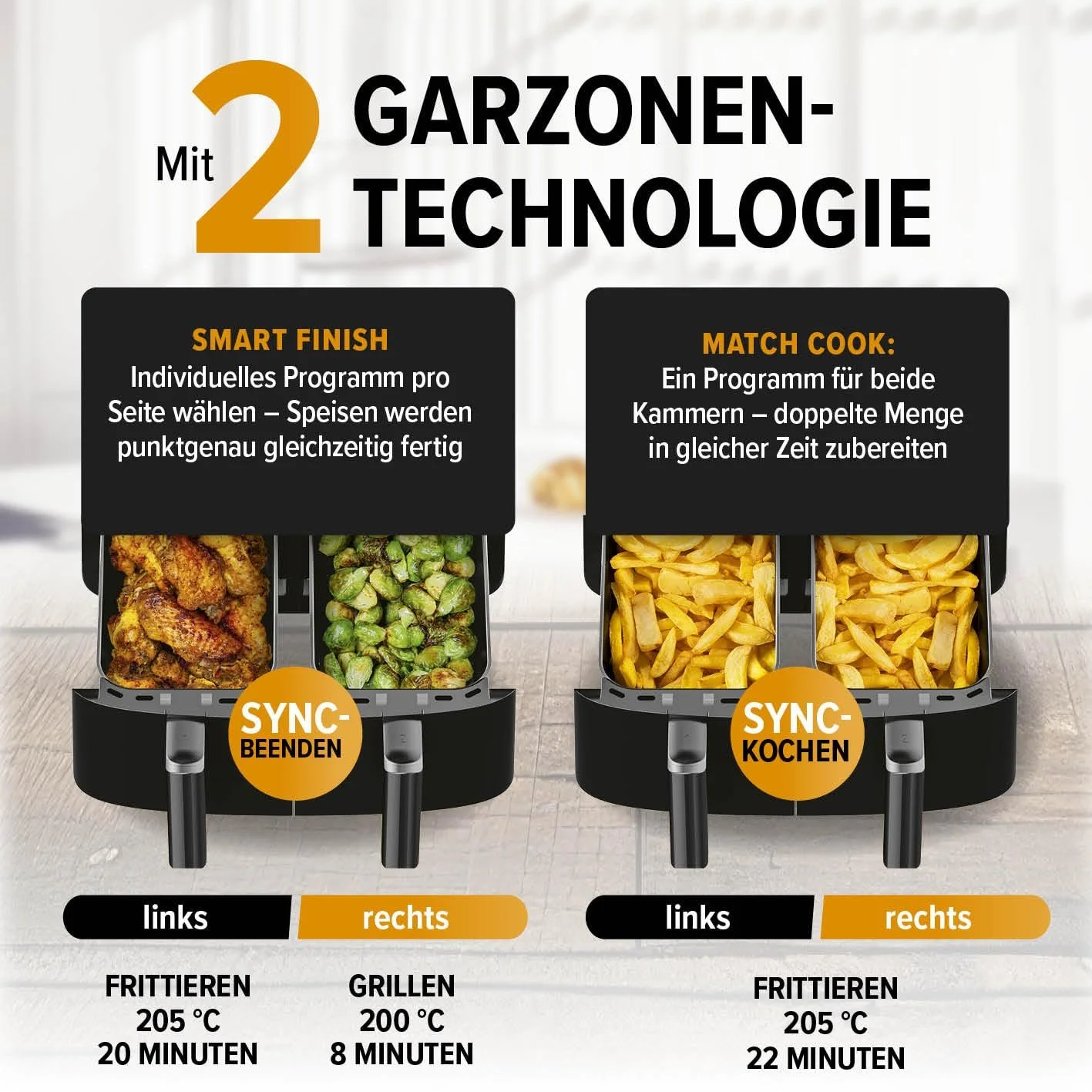 Мультипечь Gourmetmaxx Double Chamber Hot Air Fryer 2 x 3.5 л 2400 Вт 10 программ Чорний, фото №5 Мультипечь Gourmetmaxx Double Chamber Hot Air Fryer 2 x 3.5 л 2400 Вт 10 программ Чорний, фото №5