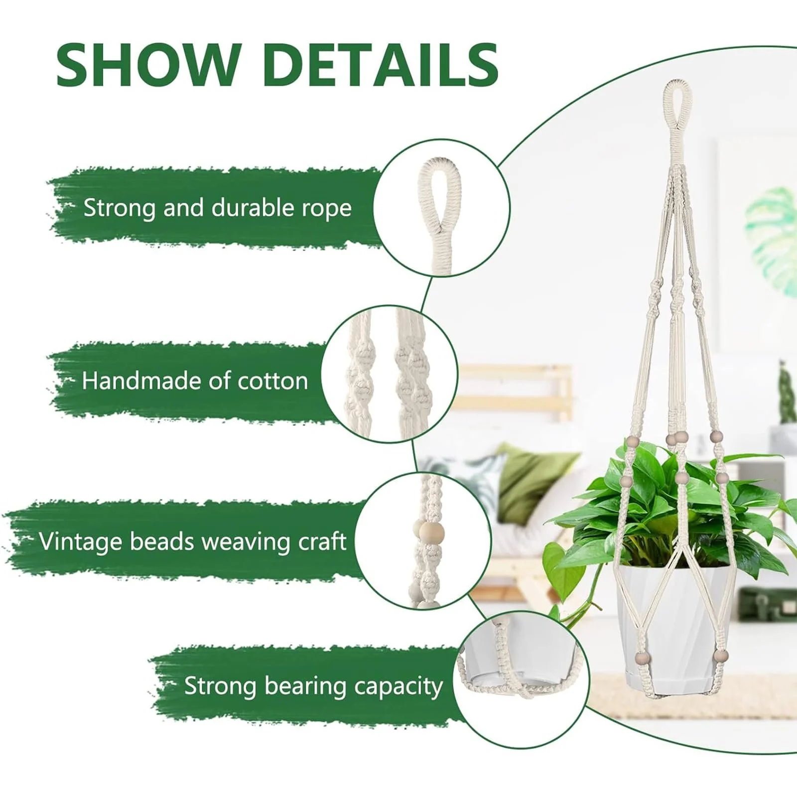Корзина подвесная макраме Хлопковая веревка Подвесной горшок Набор 6 штук, фото №4