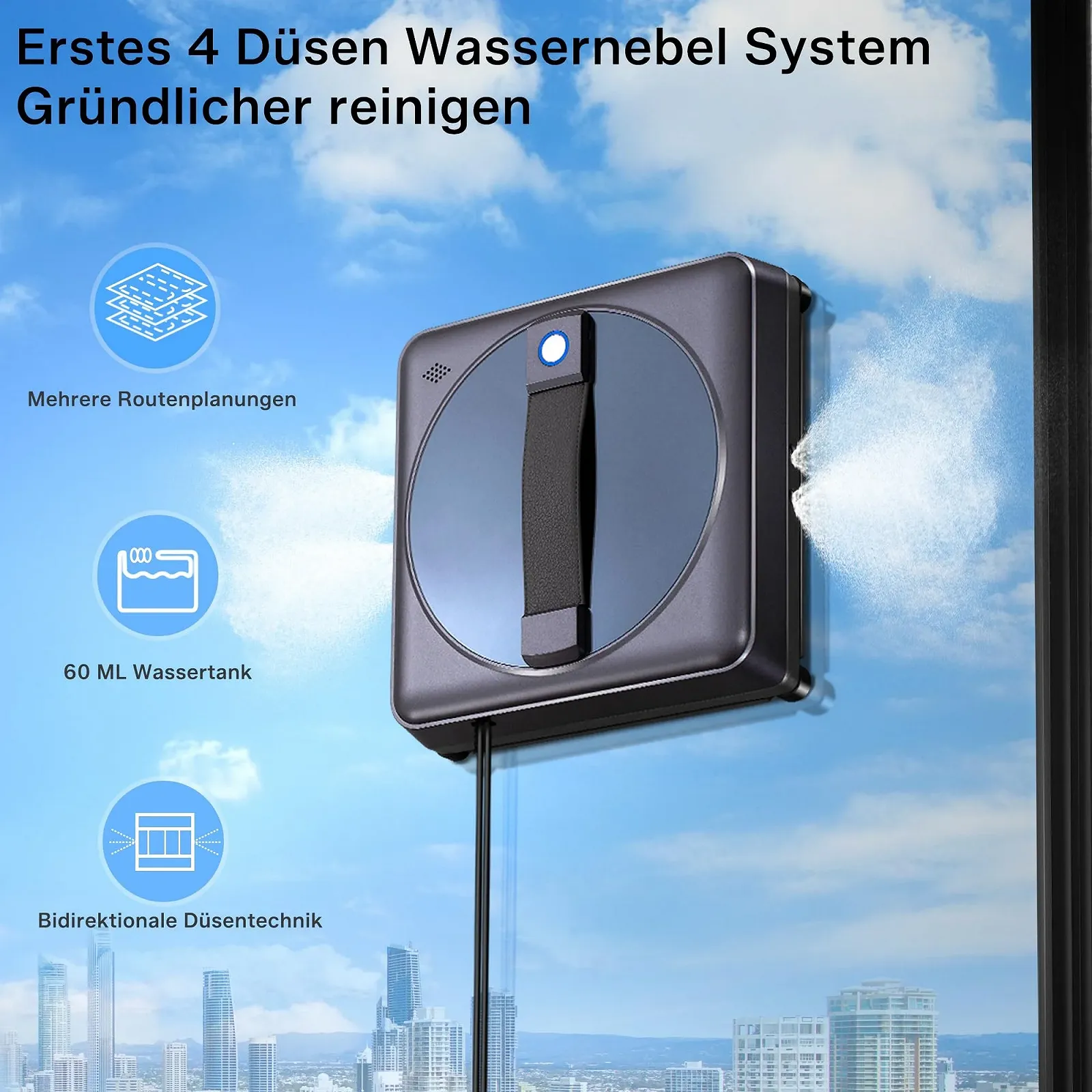 Робот для миття вікон Yeerain з дистанційним керуванням, 4 розпилювачі води, потужне всмоктування 5000 PA, 3 режими прибирання, інтелектуальне планування маршруту, виявлення країв, 10 серветок для прибирання, фото №2 Робот для миття вікон Yeerain з дистанційним керуванням, 4 розпилювачі води, потужне всмоктування 5000 PA, 3 режими прибирання, інтелектуальне планування маршруту, виявлення країв, 10 серветок для прибирання, фото №2