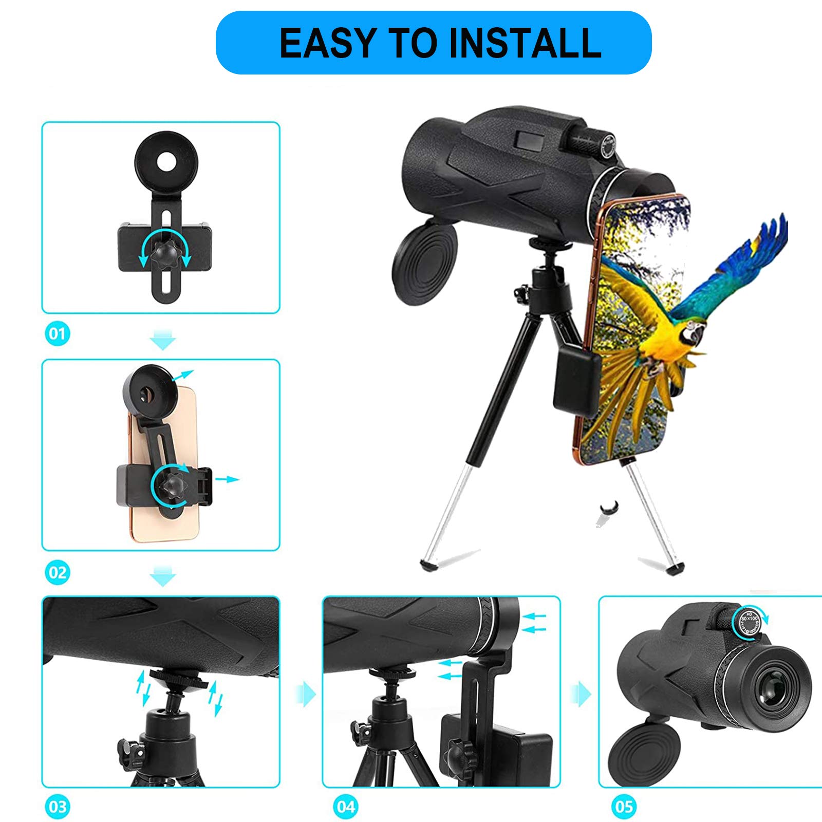 Монокуляр HJTLK 80 x 100 с держателем для телефона и штативом Черный, фото №5