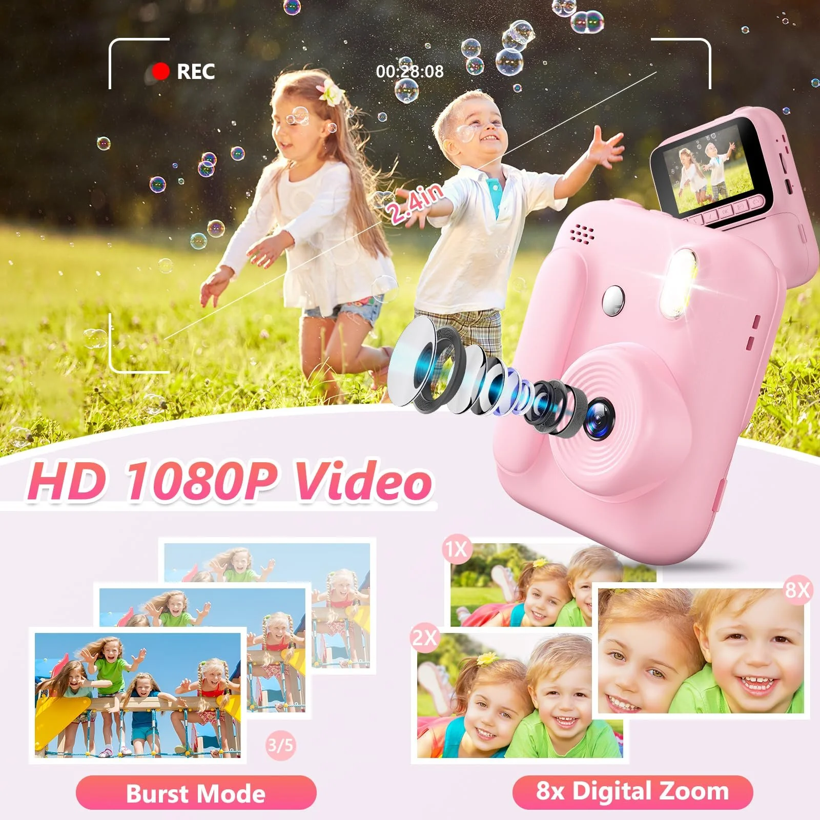 Детская камера мгновенной печати 1080P 5 рулонов бумаги 32GB карандаши Розовая, фото №5