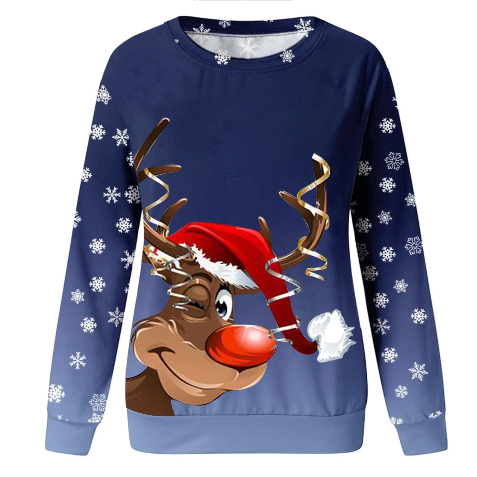 Рождественский джемпер Unilarinna, женский, с забавным принтом оленя Рудольфа, круглый вырез горловины, рождественский, женский топ, рождественский свитер с длинными рукавами, повседневный рождественский верх, фото №4