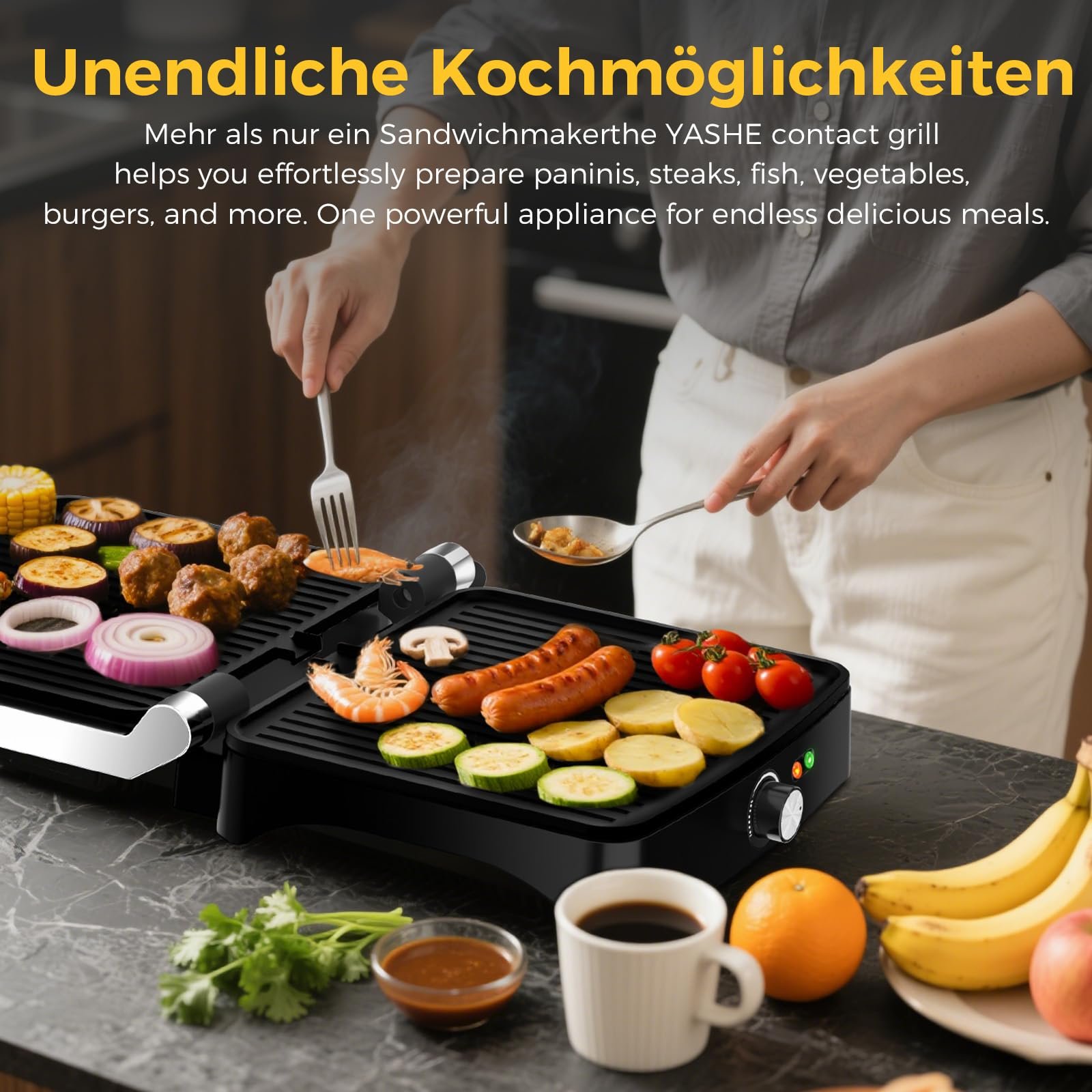 Контактний гриль YASHE 2000W, гриль для паніні на 4 скибочки, відкриття на 180


 градусів, антипригарні пластини, регульована температура, ручка Cool Touch, піддон для збору жиру, сріблястий/нержавіюча сталь, фото №5