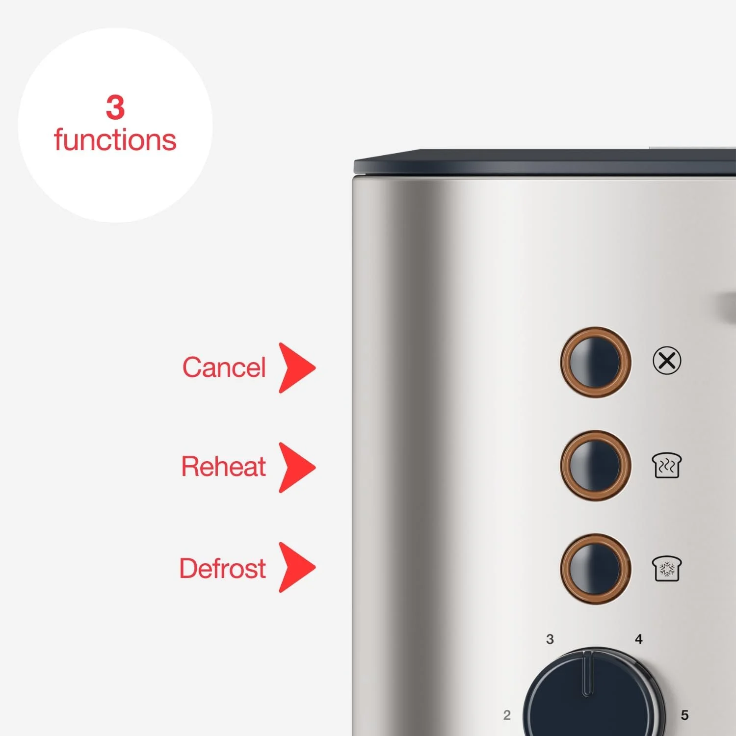 Тостер Solac Buon Giorno Mini Inox, 870 Вт,  6 рівнів підсмажування, 3 функції, 2 скибочки, самоцентрування, LED-підсвітка, висувний піддон для крихт, сірий, фото №4