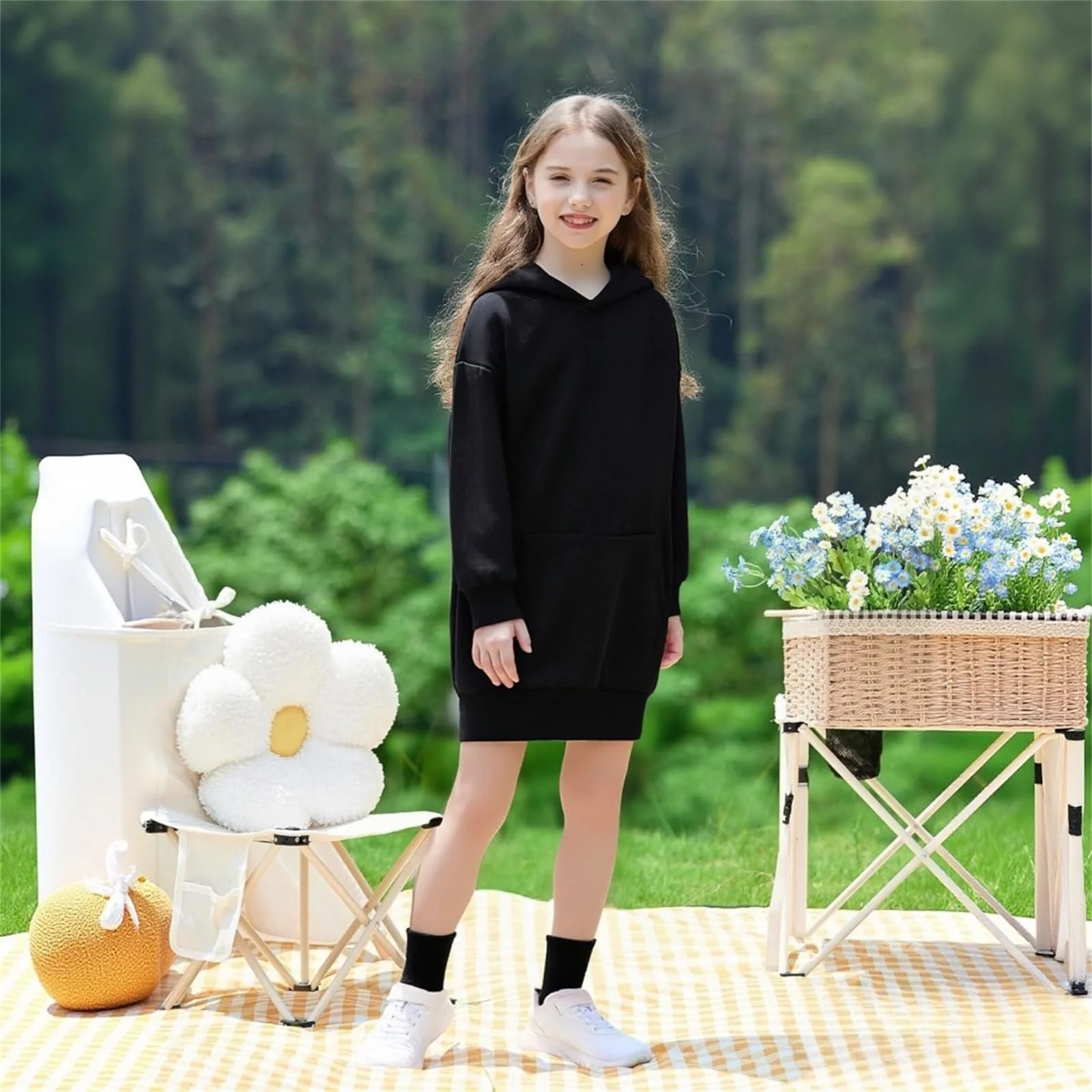 Худи Generisch Длинный для девочки до колена, 90-120, однотонный, с капюшоном, карманами, элегантный, мягкая ткань, для повседневной носки и отдыха, фото №2