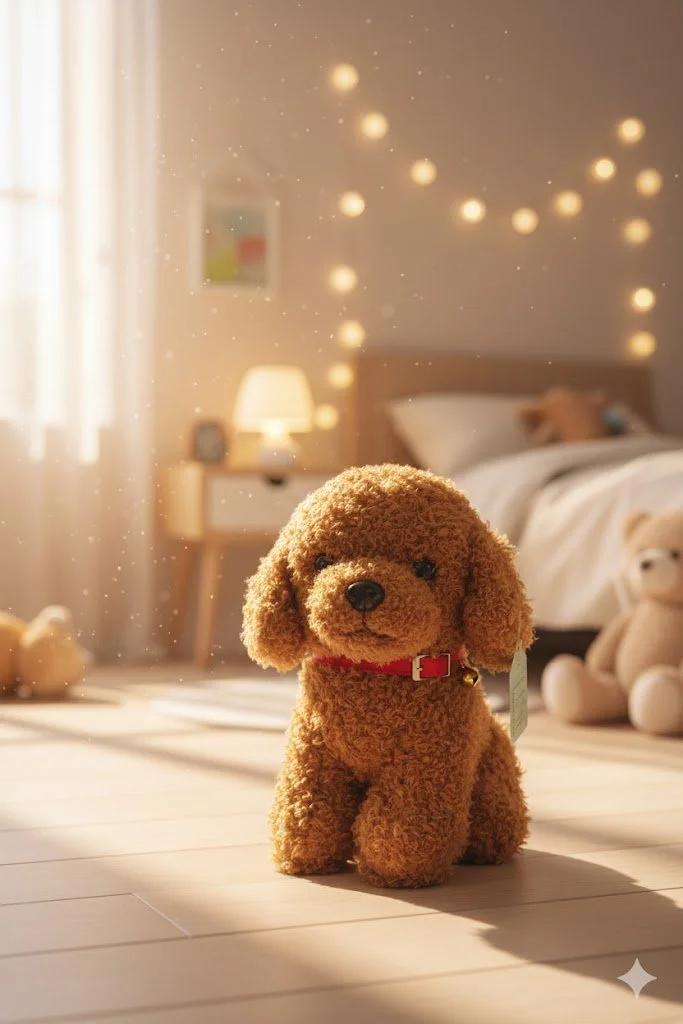 М'яка іграшка собака Мальтипу Maltipoo кучеряве щеня з нашийником світло-коричневий 23 см, фото №1