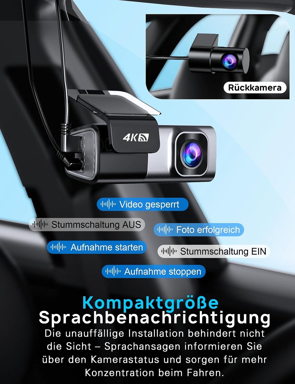 Відеореєстратор Navycrest Q7 4K + 1080P з двома камерами, картою SD 64 ГБ, WiFi 5GHz, нічним баченням, WDR, G-сенсором, цілодобовим моніторингом паркування, циклічним записом, керуванням через застосунок, чорний, фото №8