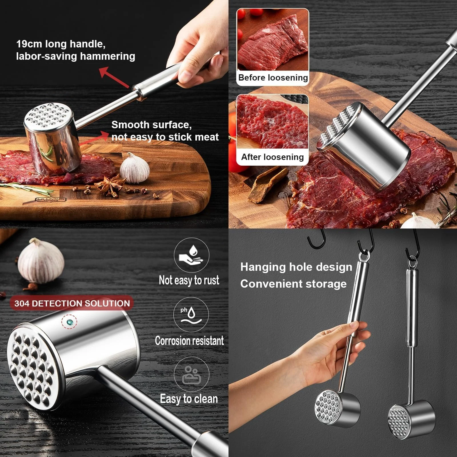 Молоток для мяса Stainless Steel 18/8 двухсторонний с эргономичной ручкой можно мыть в посудомоечной машине, фото №4 Молоток для мяса Stainless Steel 18/8 двухсторонний с эргономичной ручкой можно мыть в посудомоечной машине, фото №4