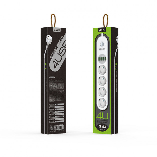 Сетевой фильтр удлинитель с USB выходами  4x220V и 4xUSB длина 2 м. LDNIO SE4432, фото №6
