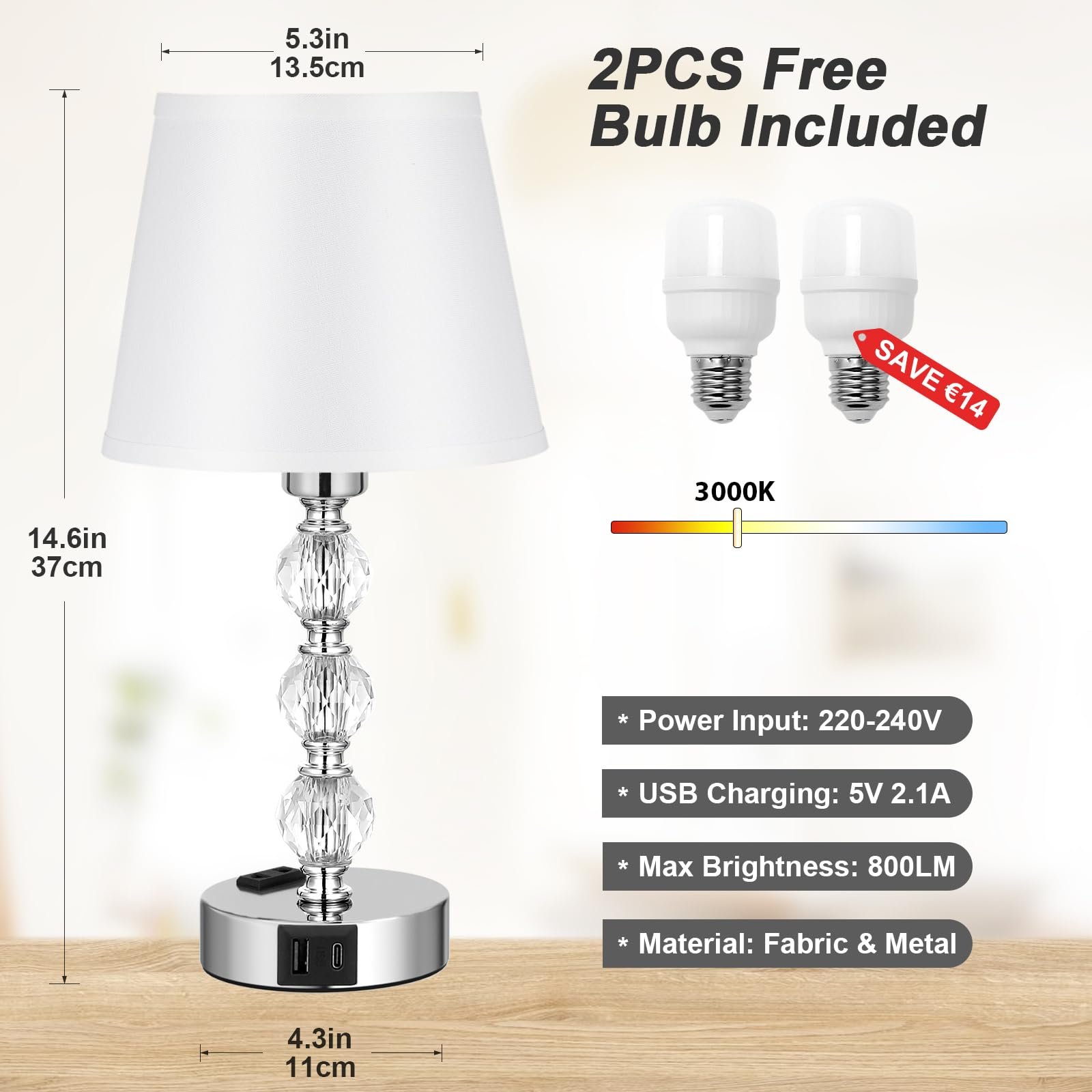 Настільна лампа Kakanuo Touch Dimmable Crystal Set of 2 USB A+C LED White, фото №7