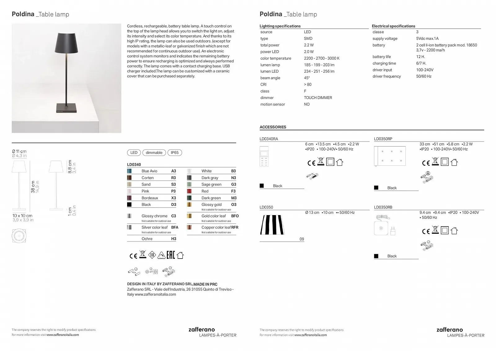 Настільна лампа Zafferano Poldina Pro Gold Leaf Wireless Rechargeable Touch Dimmer 2200-3000 К 38 см Золота, фото №10