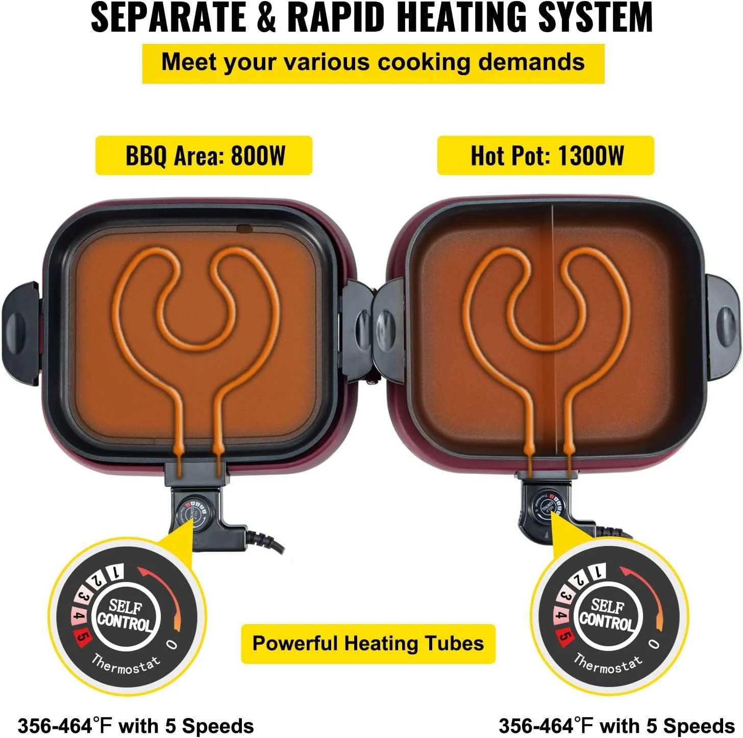 Электрогриль VEVOR TKM-P10 2100W / 2-в-1 Гриль + Фондю / Независимый Контроль Температуры / Антипригарное Покрытие / Бургунди, фото №4