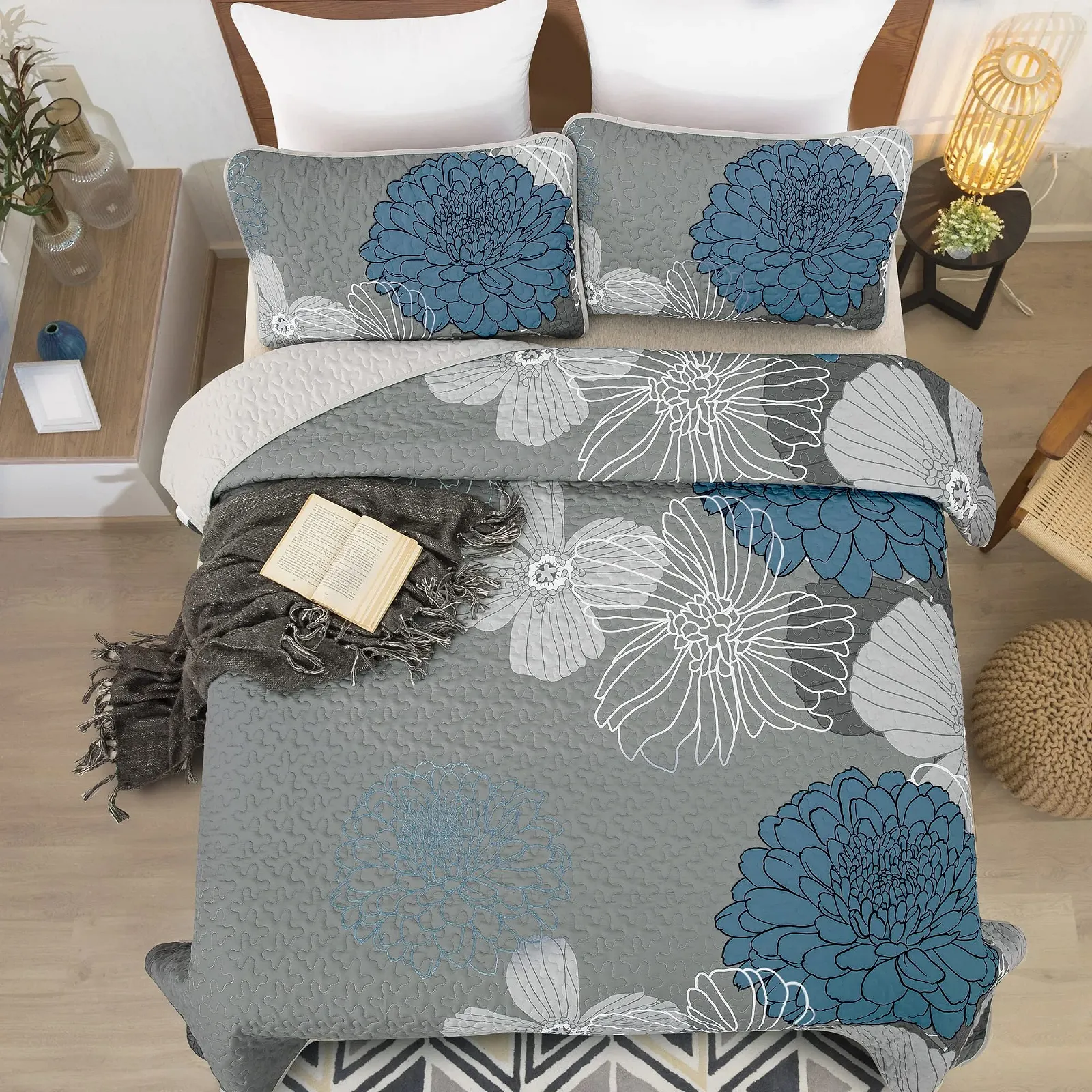 Покрывало WONGS BEDDING Цветочный узор 200 x 220 см Синий, фото №3