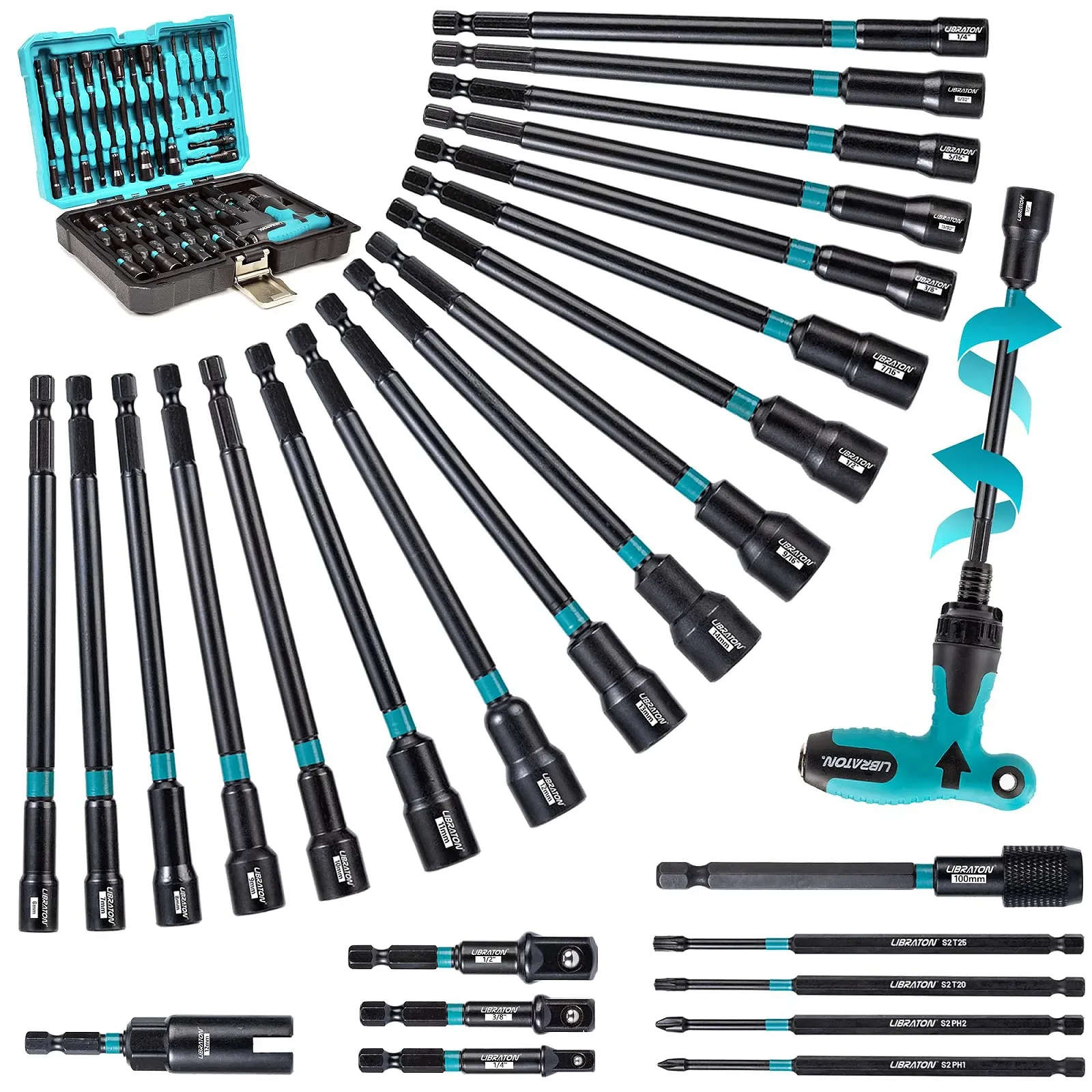 Набір магнітних подовжених головок LIBRATON 27 предметів 1/4 дюйм з Т-подібною тріскачкою Metric SAE S2 Bit Holder, фото №1