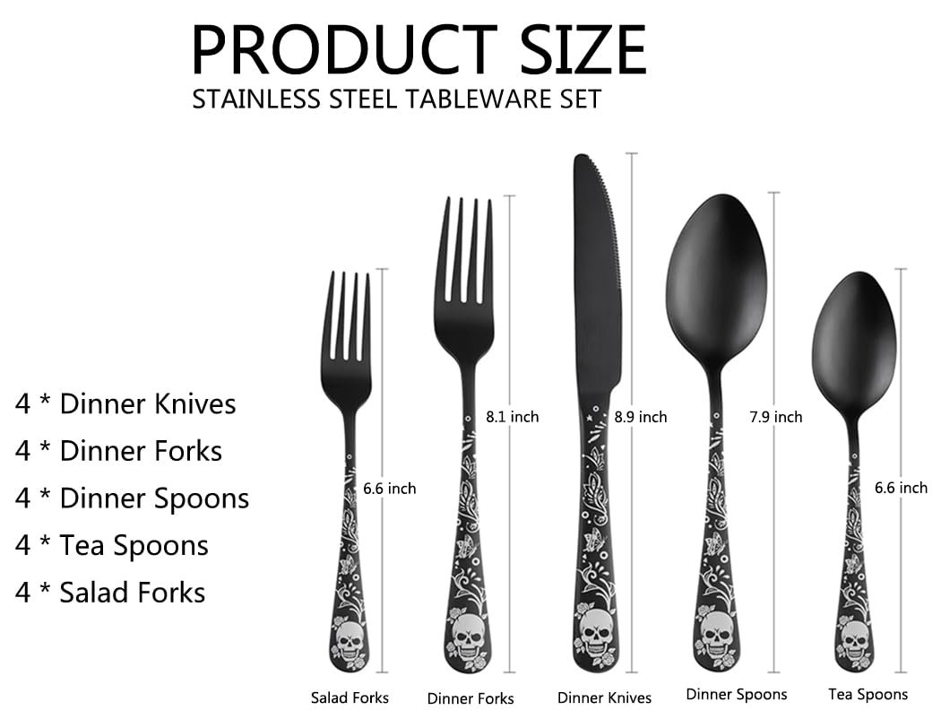 Набор столовых приборов XIAOYU Gothic с черепами, черный, фото №2 Набор столовых приборов XIAOYU Gothic с черепами, черный, фото №2
