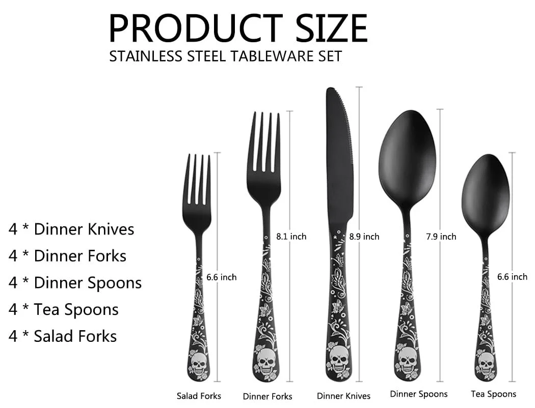 Набор столовых приборов XIAOYU Gothic с черепами, черный, фото №2 Набор столовых приборов XIAOYU Gothic с черепами, черный, фото №2