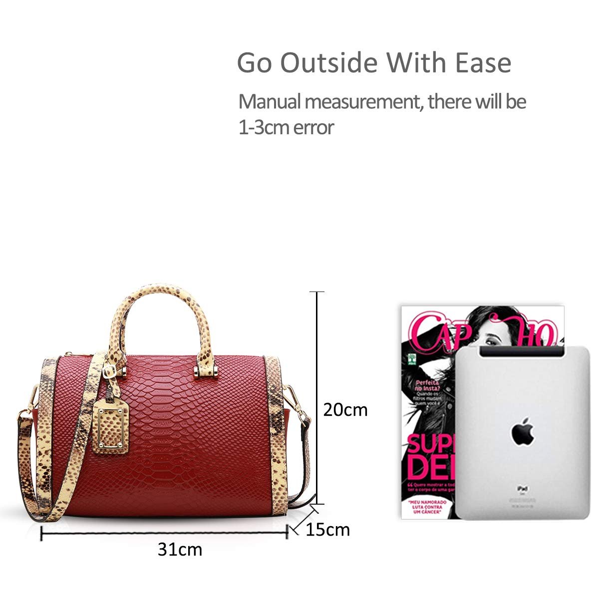 Сумка с ручкой сверху NICOLE & DORIS, кожаная, винтажная, с тиснением под крокодила, винно-красная, фото №6