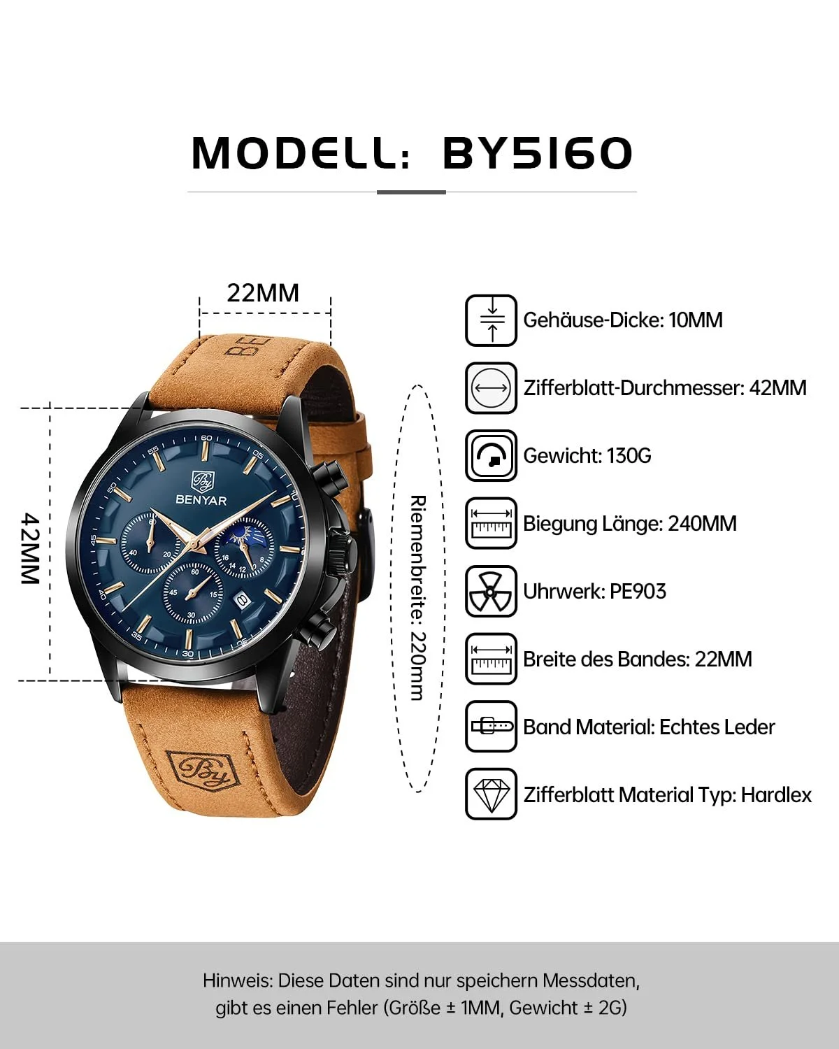 Годинник чоловічий Benyar Хронограф Кварцовий Шкіряний ремінець / нержавіюча сталь, фото №8