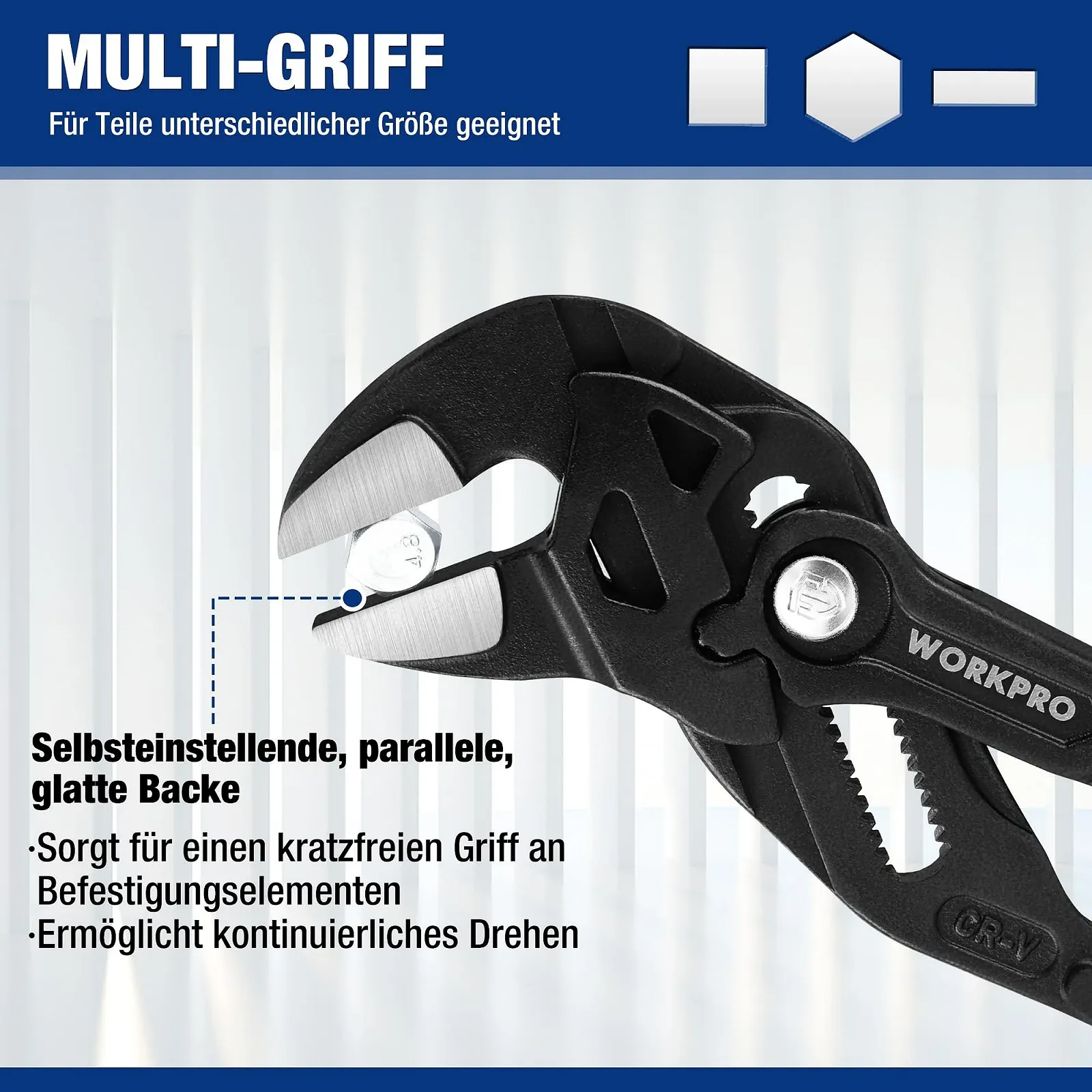 Ключ-плоскогубцы WORKPRO 255 мм, захват до 50 мм, регулируемые плоскогубцы с канавкой без зубцов, высококачественная Cr-V сталь, параллельная конструкция губок с двойными рукоятками, экономящими труд, фото №4