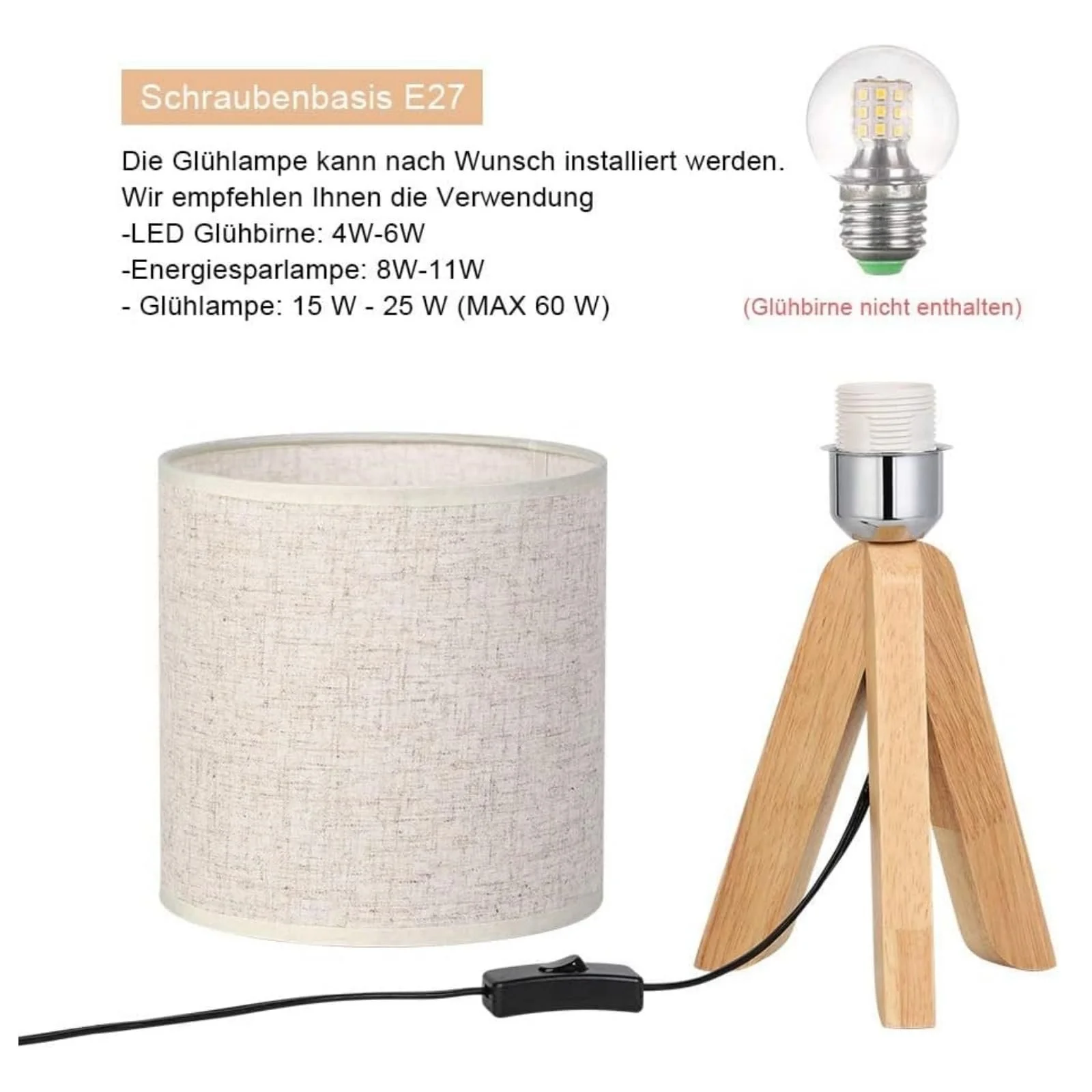 Настільна лампа LIANTRAL Набір з 2 шт. Трипод Тканинний абажур Дерев'яний каркас E27, фото №4