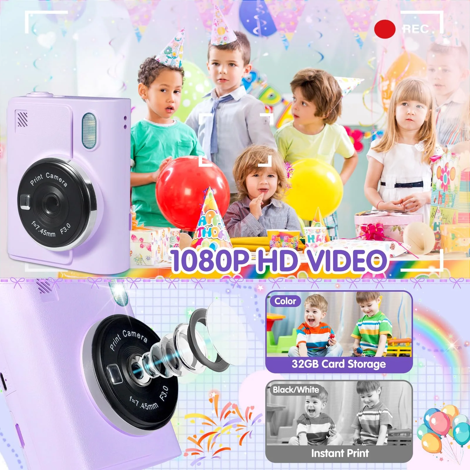 Детская фотокамера мгновенной печати 1080P HD 2.4 дюйма Screen 32GB 6 рулонов бумаги для печати, фото №5