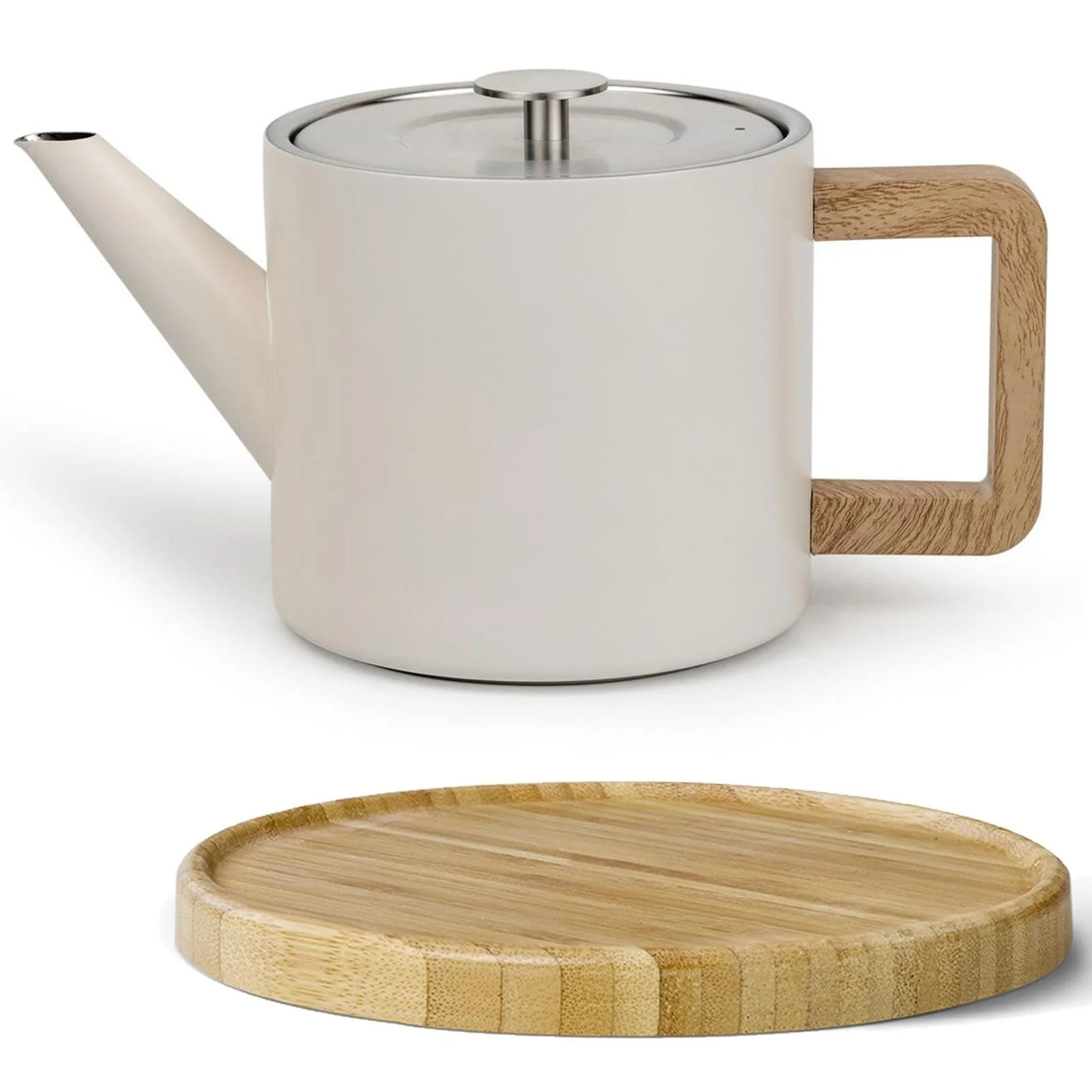 Чайник-заварник Bredemeijer 1,1 літра, кремово-білий, з подвійними стінками, фільтром для чаю та коричневою дерев'яною підставкою, фото №1