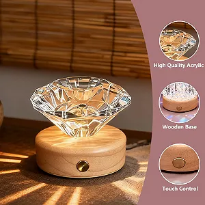 Настільна лампа у формі діаманта мала з RGB нічником акумуляторна основа з цільного дерева synthetic.ua - Фото 1
