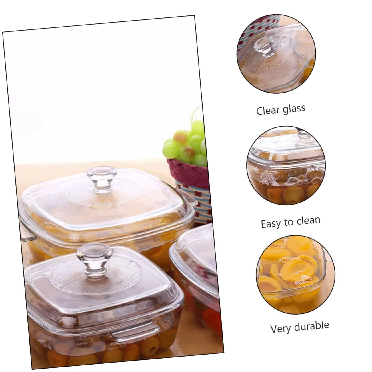 Миска NOLITOY Стеклянная с крышкой Термостойкая Квадратная Белая, фото №3