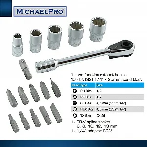 Мини отвертка MichaelPro MP012005 1/4 дюйма Micro Bit Ratchet High Torque 17 в 1 с битами, клиновидными флейтами и адаптером synthetic.ua - Фото 1