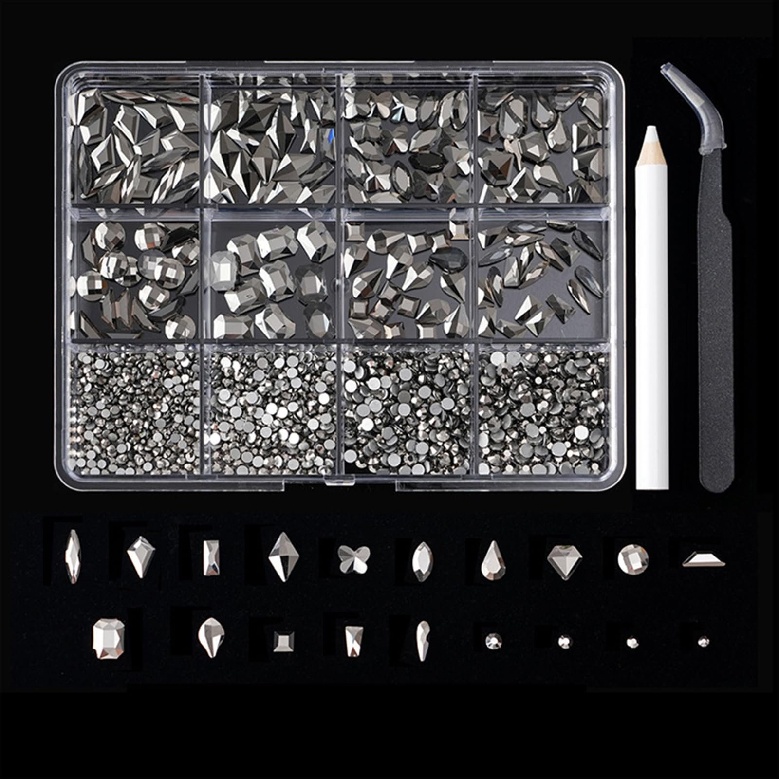 Стрази для нігтів Мікс стилів 12 сіток Камені з плоскою основою, фото №1