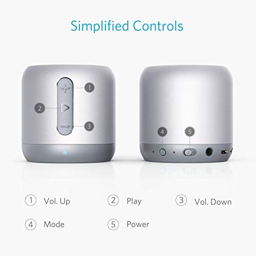 Колонка Anker SoundCore Mini Bluetooth, компактная колонка с 15 часами воспроизведения, 20 метров дальность Bluetooth, FM-радио и интенсивный бас серебристый (восстановленный), фото №6