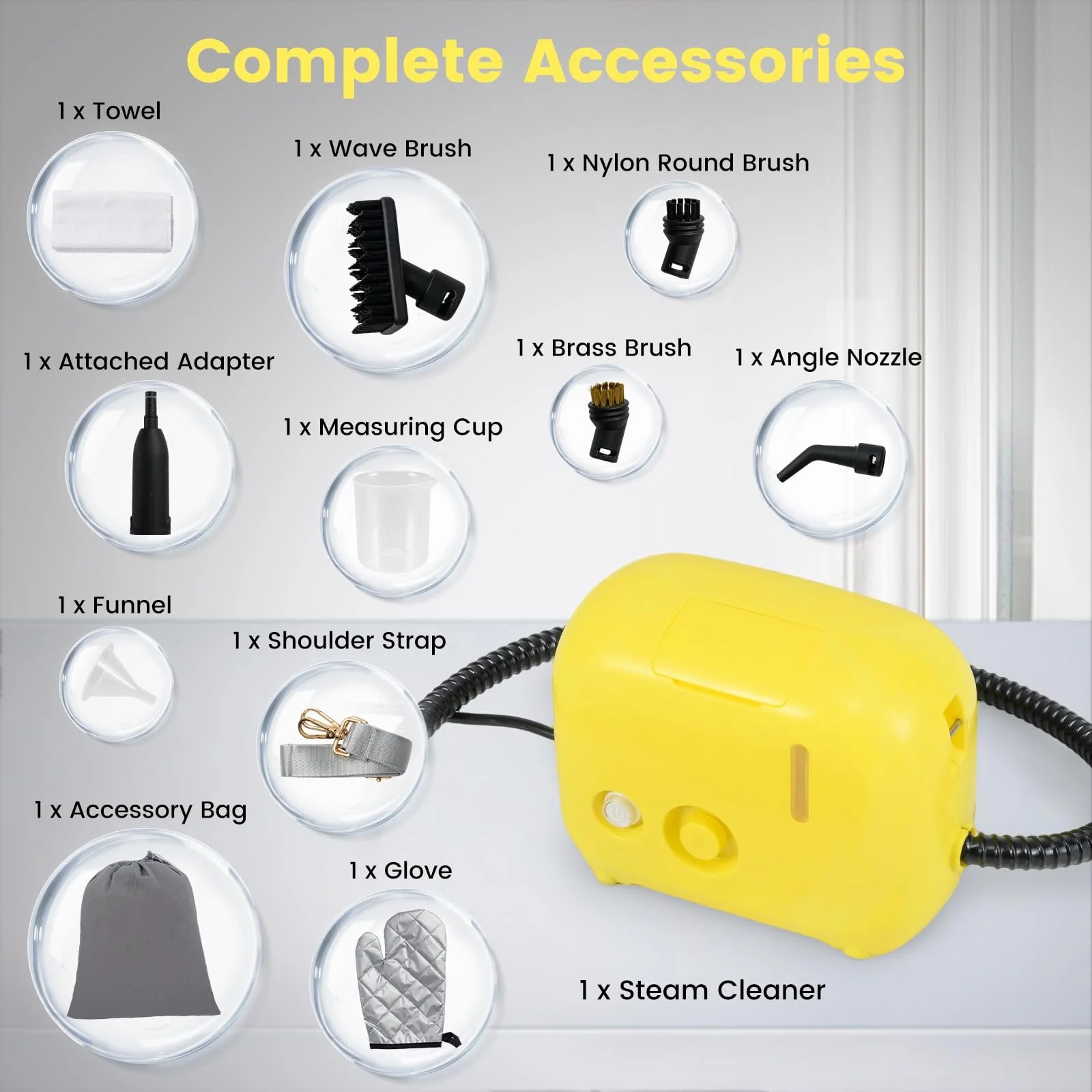 Пароочисник FANTASK 1600 Вт 10 аксесуарів Ремінь 3 бар 15 с 180°C 1000 мл Жовтий, фото №7
