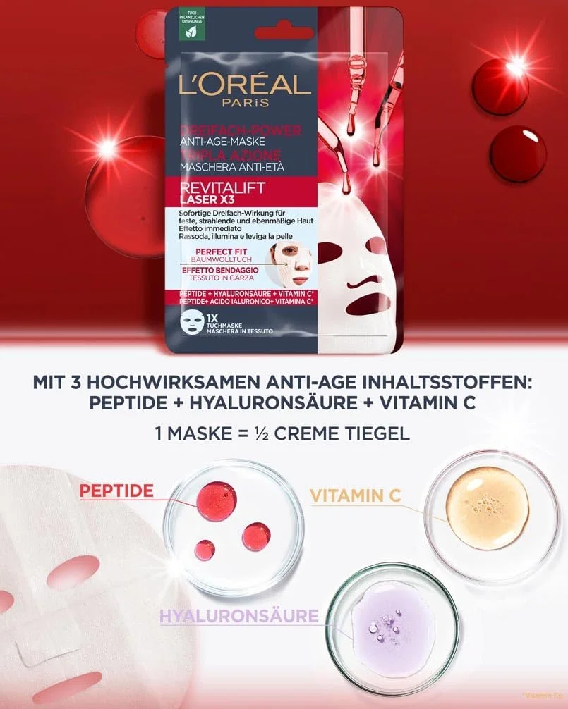 Тканевая маска L'Oréal Paris RevitaLift Laser X3 Anti-Ageing с тройным действием для женщин: для упругой, сияющей и ровной кожи с про-ретинолом, витамином C и гиалуроновой кислотой, набор из 5 штук, фото №4