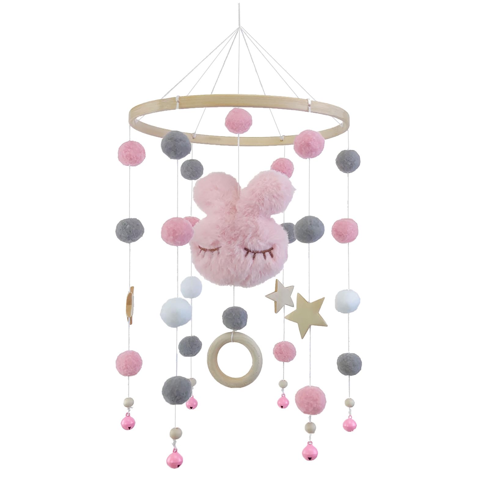 Мобиль Baby Wind Chimes Кроватный Ветряной колокольчик с фетровыми шариками Кролик Пентаграмма Кровать Колокол Ветряной колокольчик Деревянные подвески Подарок для девочек мальчиков (розовый кролик, 20 x 50 см), фото №1