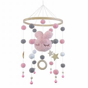 Мобиль Baby Wind Chimes Кроватный Ветряной колокольчик с фетровыми шариками Кролик Пентаграмма Кровать Колокол Ветряной колокольчик Деревянные подвески Подарок для девочек мальчиков (розовый кролик, 20 x 50 см) - Фото 1