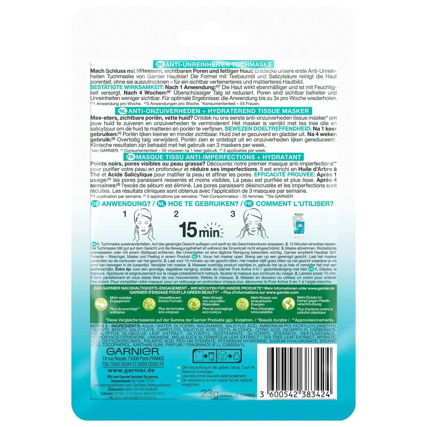 Тканинна маска Garnier Skin Clear Active з олією чайного дерева та саліциловою кислотою, 23 г, фото №2