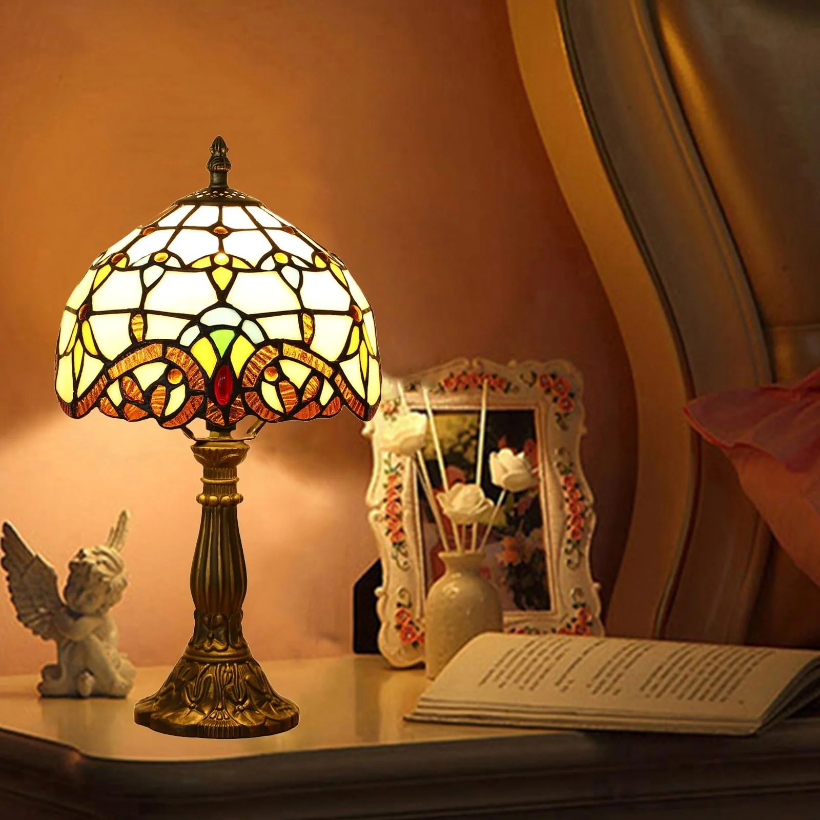 Настільна лампа Tiffany Retro ручної роботи вітражне скло 37 см E27 Різнокольорова, фото №4
