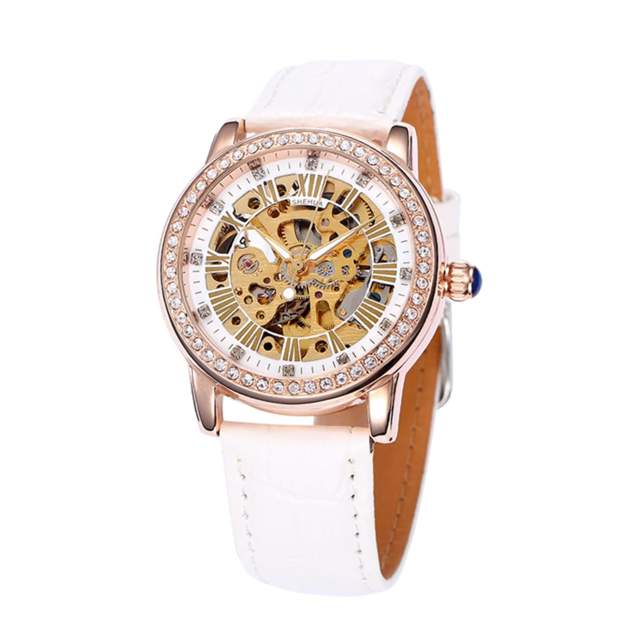 Механические часы Beaupretty Со стразами и белым PU-браслетом Автоматическая система, фото №1 Механические часы Beaupretty Со стразами и белым PU-браслетом Автоматическая система, фото №1